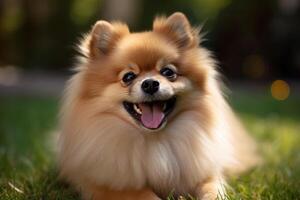 Pomeranian Spitz dog on green grass in the park. photo