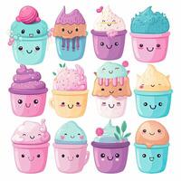 Cupcake cartoon design collection. Cupcake illustration bundle with colorful toppings. Beautiful cupcake cartoon design on white backgrounds. Delicious birthday cake with happy faces. . photo