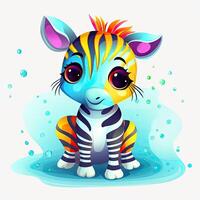 Playful zebra design bundle illustration. Colorful baby zebra set illustration with cute eyes and color splash. Cute baby zebra collection, playing and smiling on a white background. . photo