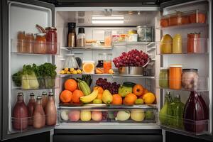 un refrigerador lleno de sano alimento, frutas, y verduras, un abrió refrigerador lleno de Fresco frutas y verduras, ai generado foto