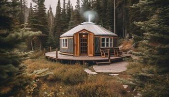 Rustic log cabin nestled in tranquil Alberta forest landscape generated by AI photo