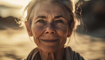 despreocupado mayor mujer disfruta naturaleza y puesta de sol en vacaciones generado por ai foto