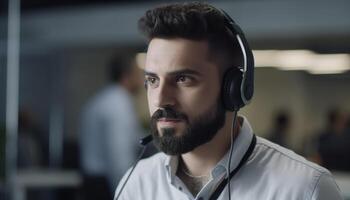 confidente joven empresario escuchando a música con auriculares adentro generado por ai foto