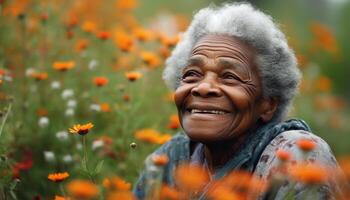 Smiling senior woman enjoys nature beauty in rural autumn scene generated by AI photo