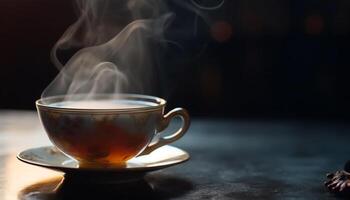 caliente café vapor sube desde rústico de madera mesa, cafeína adiccion generado por ai foto