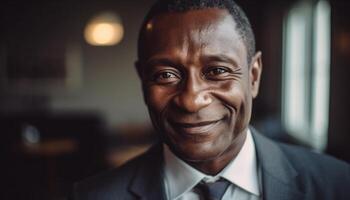 Confident African businessman smiling, looking at camera in office generated by AI photo