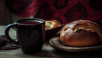 Freshly baked bread and croissant on rustic wooden table generated by AI photo