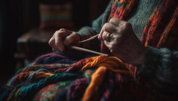 Senior woman weaves colorful wool pattern with skilled hand indoors generated by AI photo