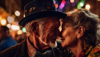 Smiling couple embraces in illuminated night, celebrating traditional festival joy generated by AI photo