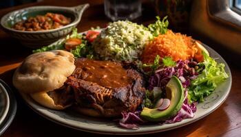 Grilled steak and pork with fresh salad, vegetables, and sauce generated by AI photo