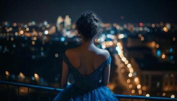 joven mujer en pie en ciudad, iluminado rascacielos, disfrutando la vida nocturna generado por ai foto