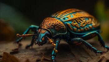 Small weevil crawling on green leaf, macro focus on foreground generated by AI photo