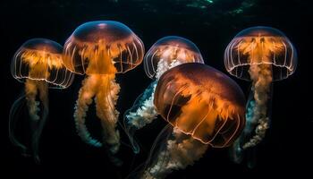 Glowing moon jellyfish swim in deep, blue, poisonous waters generated by AI photo