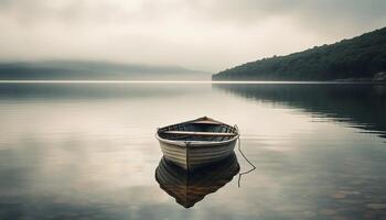 tranquilo escena de un azul bote de remos en un pacífico estanque generado por ai foto