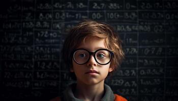 Serious schoolboy with eyeglasses studying mathematical formulas indoors generated by AI photo