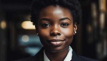 confidente africano mujer de negocios con Rizado pelo sonriente en oficina retrato generado por ai foto