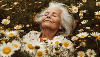 Smiling senior woman enjoys relaxation in sunny chamomile meadow generated by AI photo