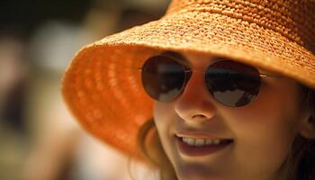 One young woman, carefree and happy, enjoying summer vacation outdoors generated by AI photo