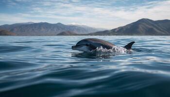 juguetón delfín salpicaduras en el azul mar, un verano aventuras generado por ai foto
