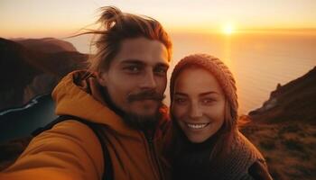 Young couple embraces nature, hiking mountains, enjoying weekend activities generated by AI photo