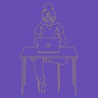 a woman are sitting at desks in an offices and working at computers vector