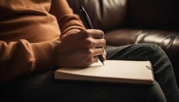 Caucasian adult holding pen, studying literature on leather sofa indoors generated by AI photo