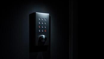 moderno tecnología ilumina oscuro habitación con brillante eléctrico equipo generado por ai foto