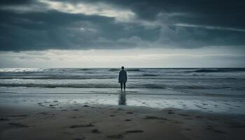 soledad en naturaleza, uno persona caminando el tranquilo línea costera generado por ai foto