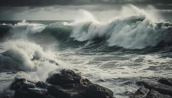 Dark sky, crashing waves, spraying surf, nature dangerous beauty generated by AI photo