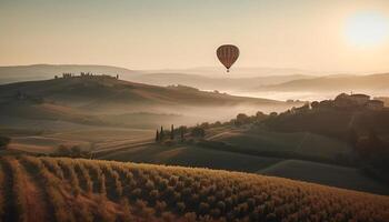 Tranquil sunrise over idyllic vineyard, perfect for autumn travel adventure generated by AI photo