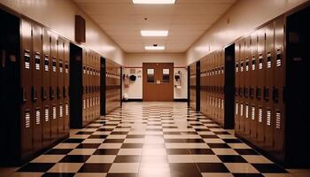 Locker lined corridor leads to modern gym in futuristic high school generated by AI photo