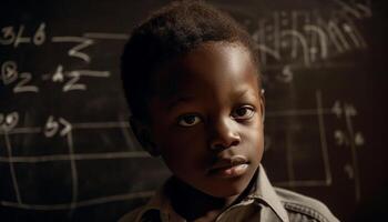 Serious mixed race schoolboy studying mathematics, looking at camera happily generated by AI photo