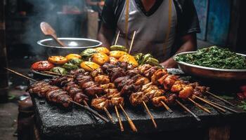 Grilled skewered meat and vegetables, a gourmet summer refreshment generated by AI photo