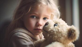 linda caucásico niña sonriente, participación osito de peluche oso en dormitorio cerca arriba generado por ai foto