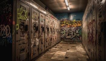 Abandoned warehouse, rusty metal, graffiti a spooky city life generated by AI photo