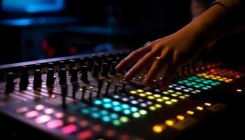 Sound engineer adjusts mixer knobs in dark nightclub performance space generated by AI photo