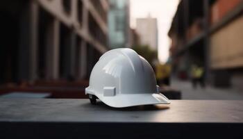 casco de seguridad vistiendo construcción trabajador diseños moderno edificio en paisaje urbano antecedentes generado por ai foto