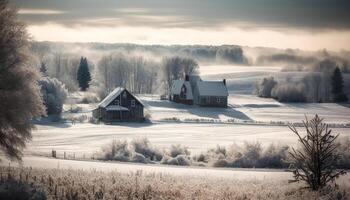 Tranquil winter landscape snow covered trees, farmhouse, and meadow generated by AI photo