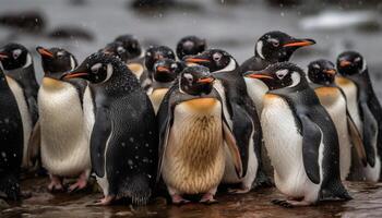 Emperor penguins waddling in a row on icy coastline generated by AI photo