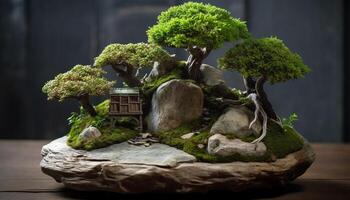 Small plant growth on old tree trunk in Japanese garden generated by AI photo