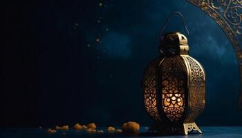 Ramadan lantern illuminated night, Arabic style decoration, spirituality symbolizes tradition generated by AI photo