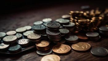 Stacks of gold and copper coins symbolize financial abundance generated by AI photo