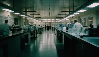 joven adultos en laboratorio trabajando en Ciencias investigación equipo generado por ai foto