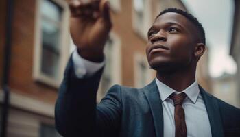 Confident African businessman standing outdoors, using mobile phone for work generated by AI photo