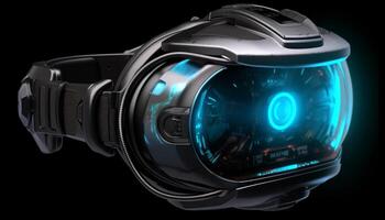 Futuristic camera lens watches digitally generated surveillance on black background generated by AI photo
