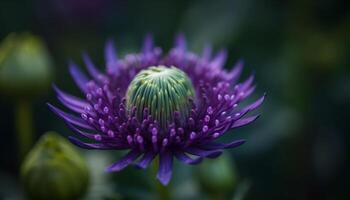 Single purple flower head with yellow pollen attracts bee pollination generated by AI photo