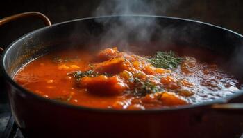 Healthy lunch vegetarian stew with fresh vegetables and homemade bread generated by AI photo