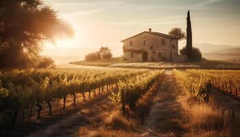 Sun kissed vineyard, rustic farmhouse, tranquil meadow Italian wine country generated by AI photo