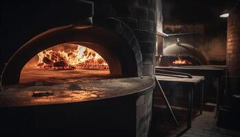 Glowing wood burning stove baking bread in brick oven indoors generated by AI photo