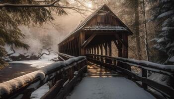 Winter landscape snow covered forest, frozen footpath, coniferous trees, tranquil scene generated by AI photo